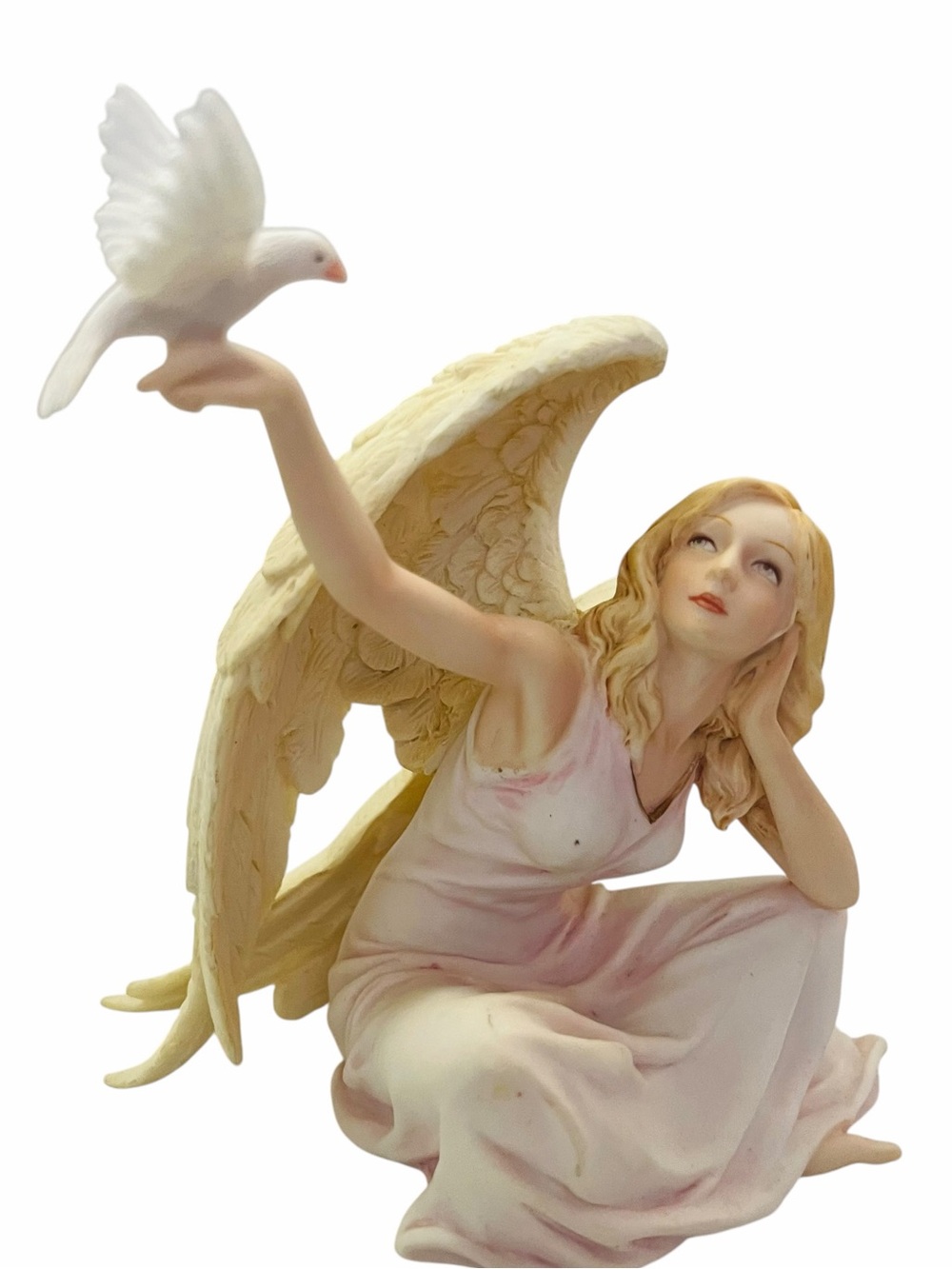 Vintage Sitting Angel in Pink with Dove Statue Figurine